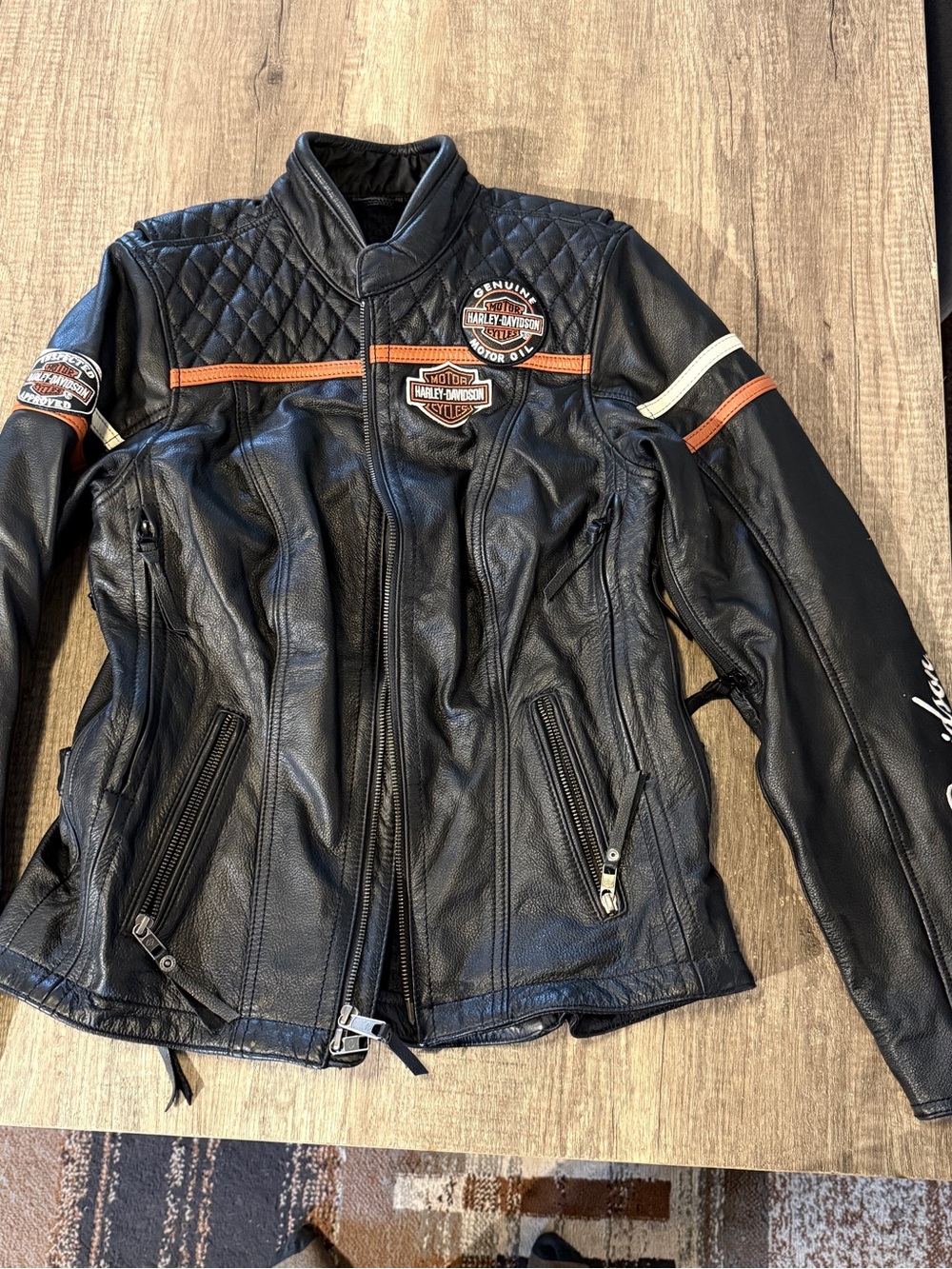 Harley-Davidson Black Leather Bomber Jacket with Orange & White Accents